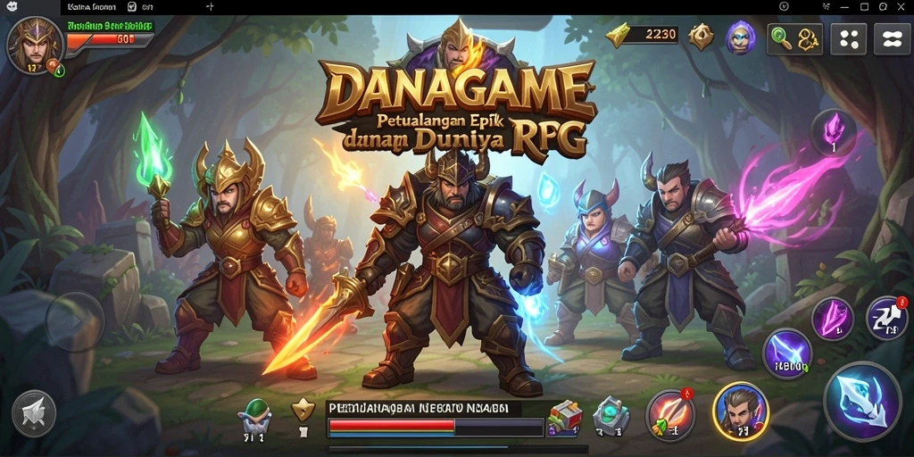 Screenshot DANAGAME memperlihatkan pertarungan epik dan dunia yang luas.
