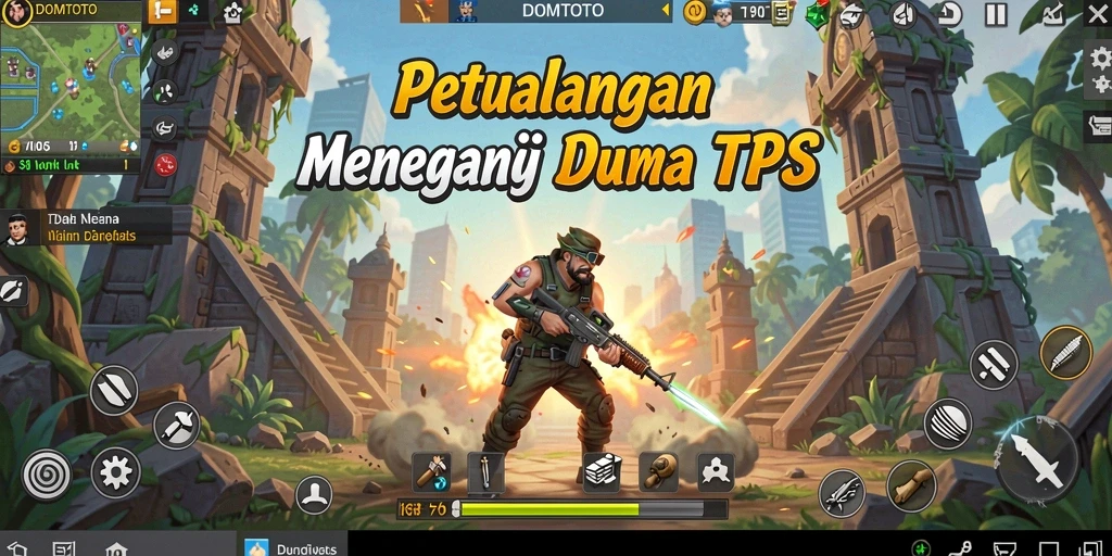 Screenshot gameplay DOMTOTO menunjukkan aksi tembak-menembak yang intens.