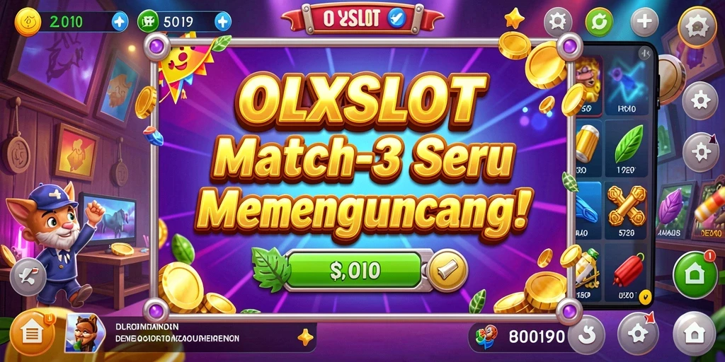 Tangkapan layar OLXSLOT menampilkan gameplay Match-3 yang seru dan penuh warna.
