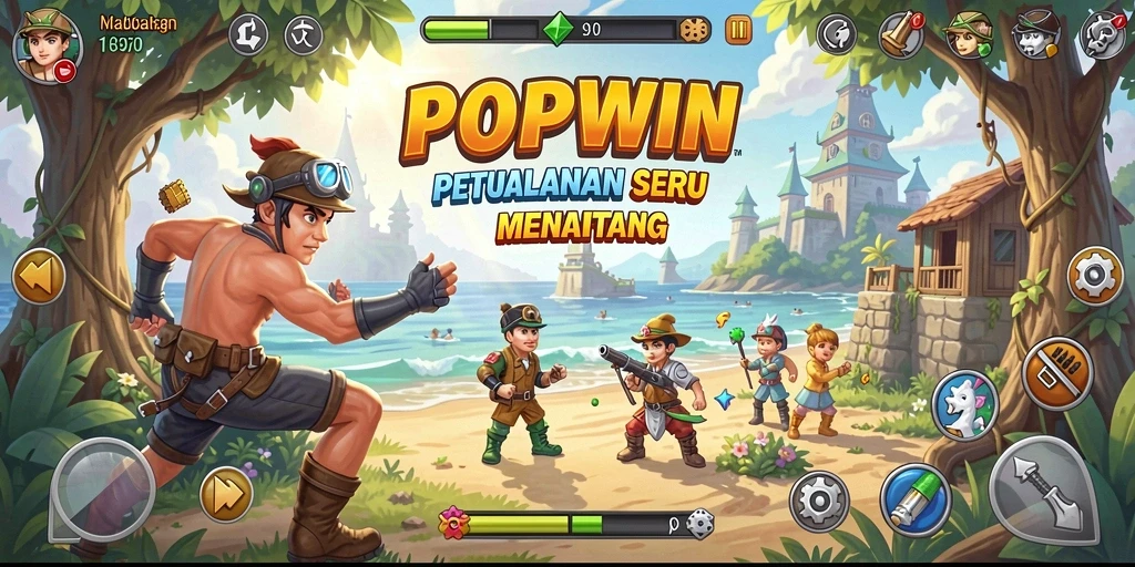 Screenshot utama POPWIN menampilkan pemain menjelajahi dunia petualangan yang penuh warna.