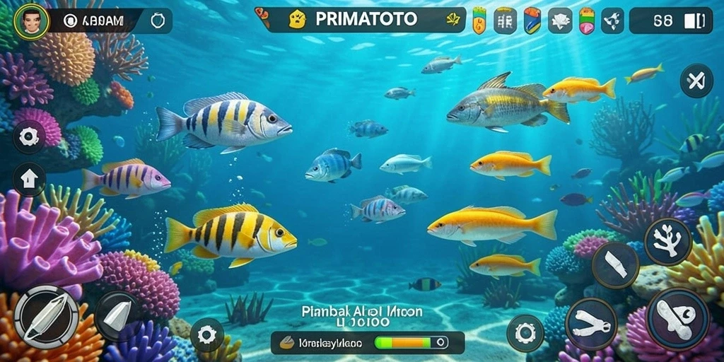 Tampilan gameplay seru dalam PRIMATOTO saat menembak ikan.