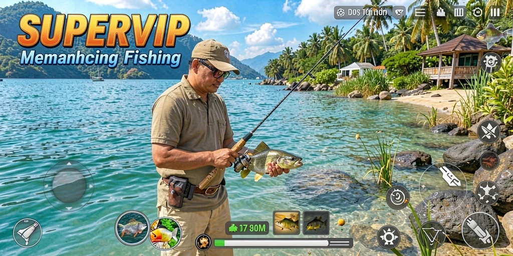 Screenshot gameplay SUPERVIP menampilkan aksi memancing yang seru dan menarik.